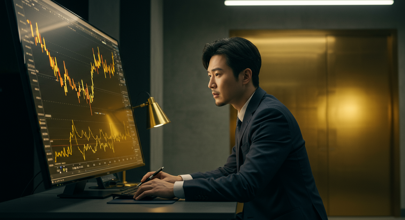 한국의 현대 투자자가 세련된 사무실에서 디지털 화면을 통해 금값을 확인하는 모습