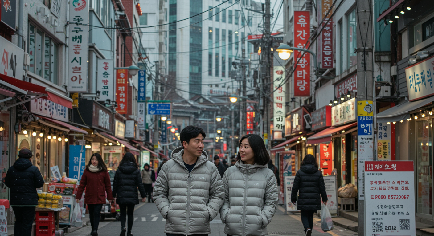 서울 거리에서 유니클로 경량패딩을 입고 있는 남녀