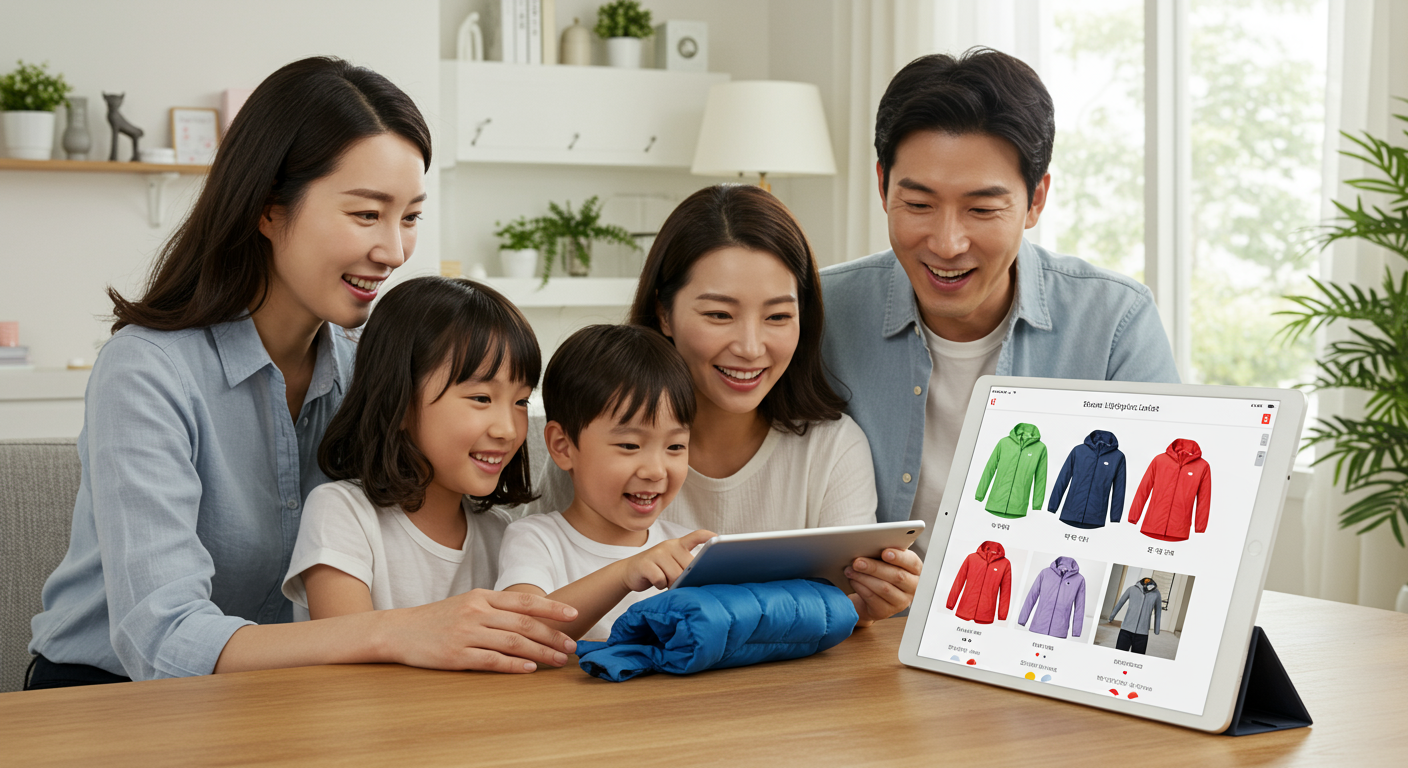 집에서 온라인으로 다양한 유니클로 패딩 옵션을 탐색하는 가족