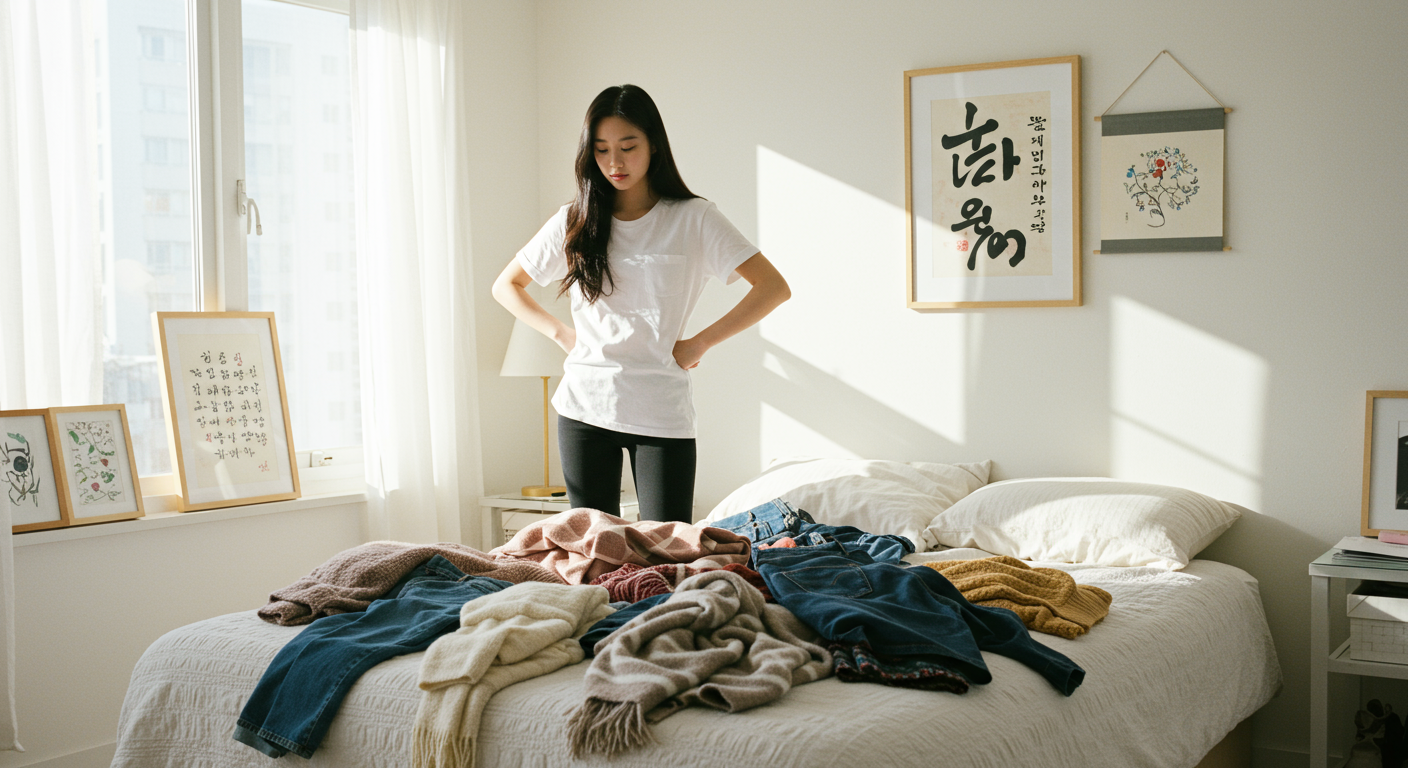 현대적인 여성이 침실에서 12도 날씨에 맞는 옷을 고민하며 여러 벌의 옷이 침대 위에 펼쳐진 모습