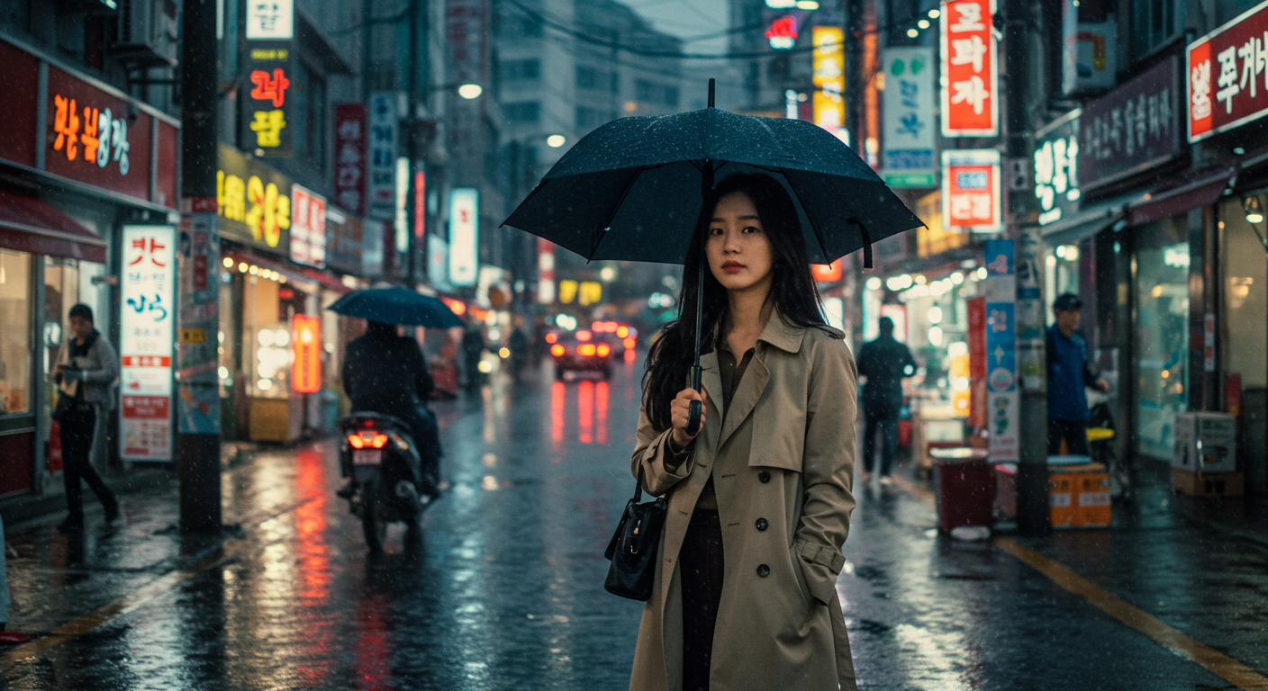 트렌치코트를 입은 여성이 서울 거리에서 우산을 들고 세련된 분위기를 자아내는 모습