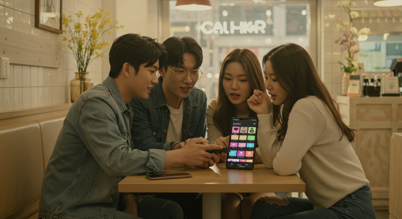 서울 카페에서 친구들과 추가 회원 옵션을 검토하는 젊은이들