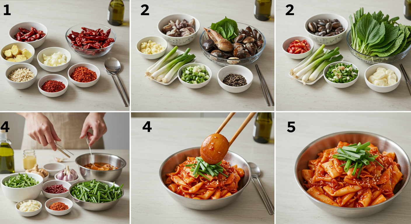 주방 카운터에 단계별로 정리된 진미채볶음 조리 과정