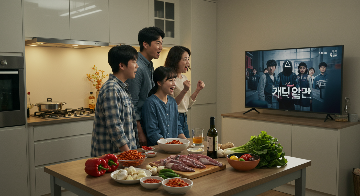 현대적인 주방에서 가족들이 '오징어게임'을 시청하며 매콤한 오징어볶음 재료가 가득한 식탁