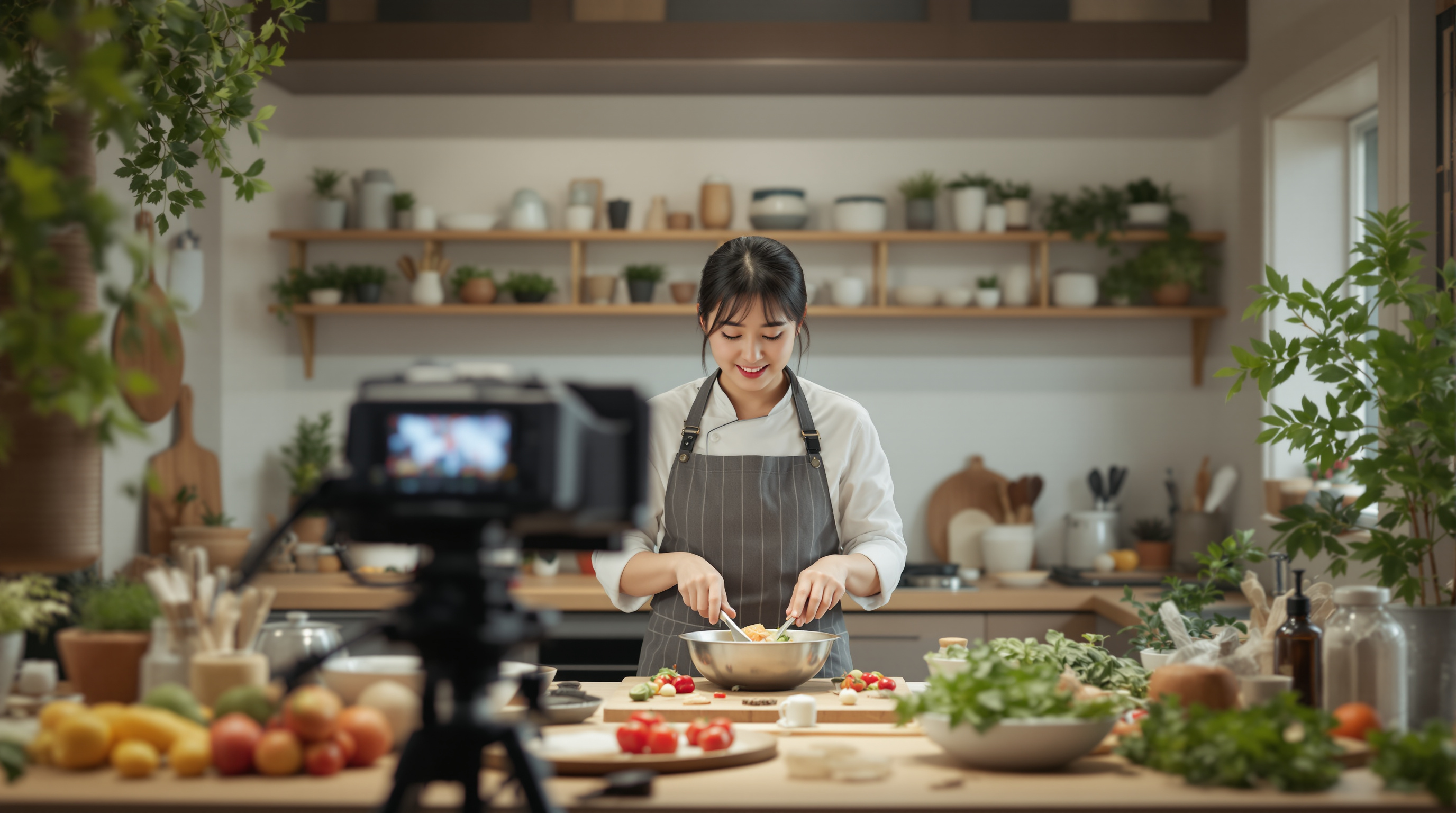 아늑한 주방 스튜디오에서 간단한 재료와 조리도구로 요리 영상을 촬영하는 김진옥 셰프