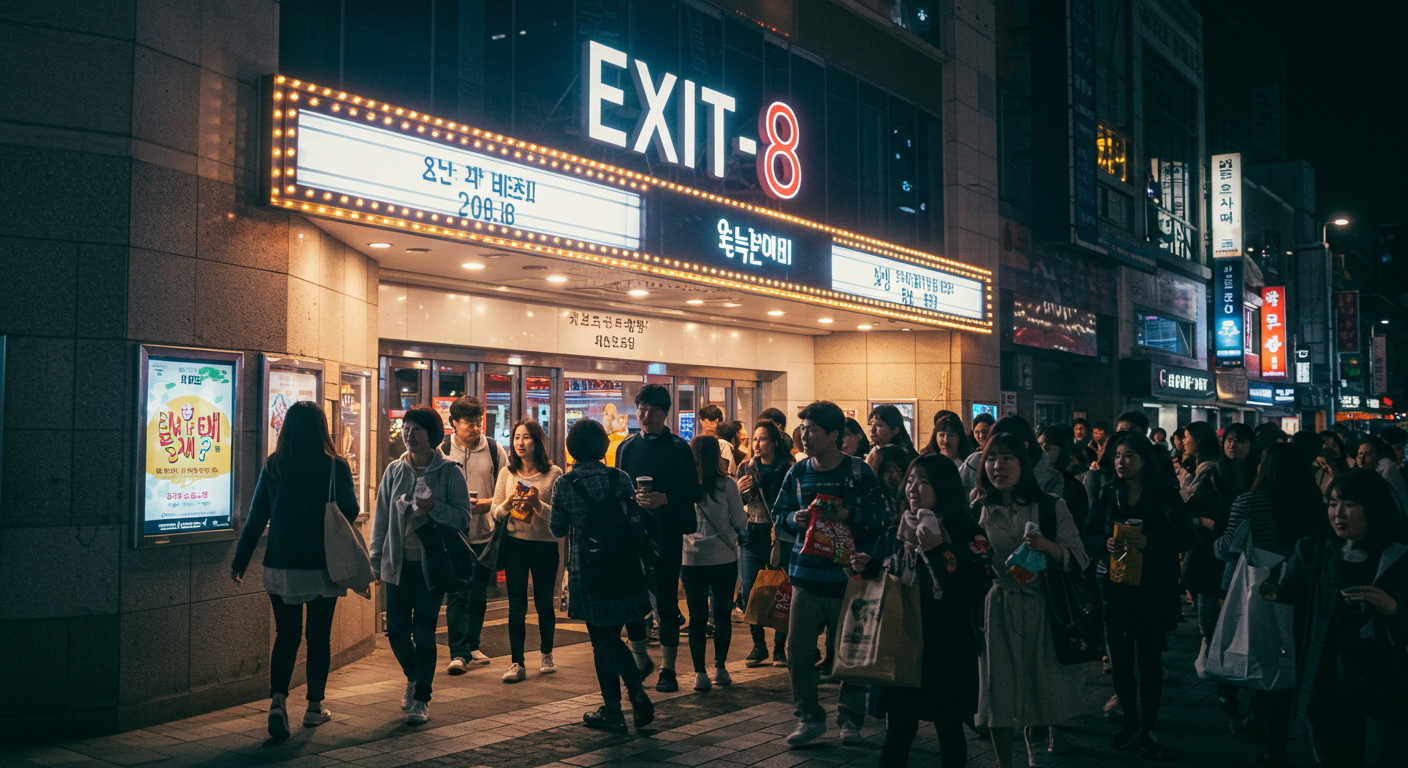 한국 영화관 외부 야경에서 빛나는 간판에 '8번 출구'가 표시되어 있고 사람들이 극장에 들어가는 모습