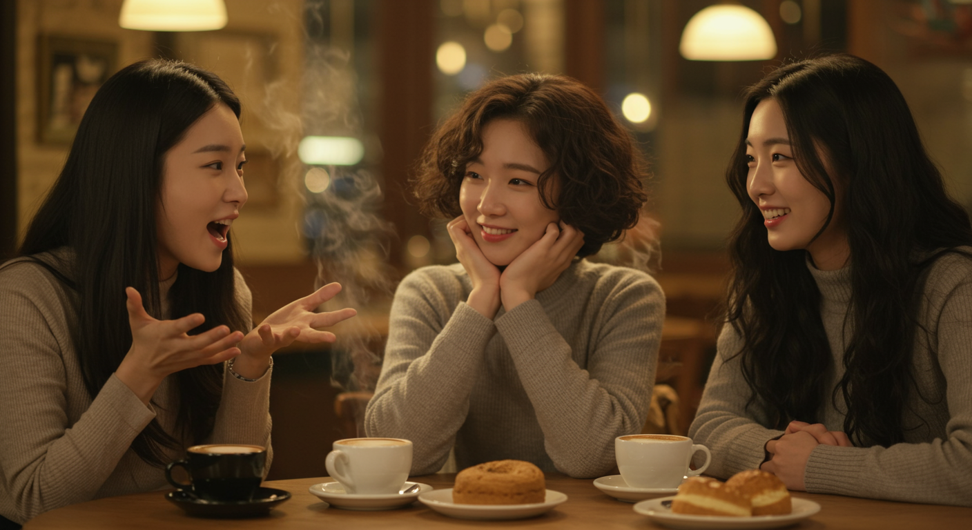 아늑한 카페에서 영화를 활발히 토론하며 흥미진진한 표정을 짓고 있는 다양한 한국 여성들