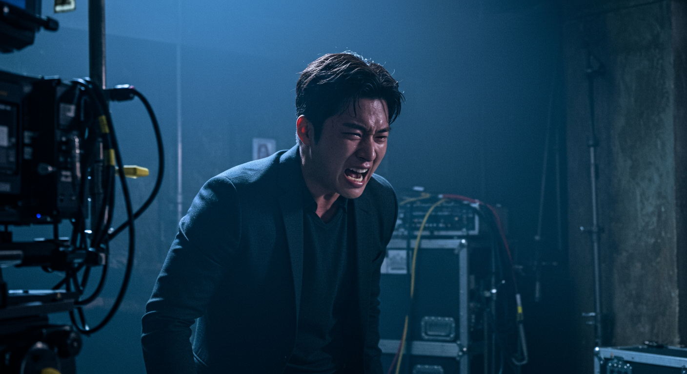 어두운 촬영장에서 강렬한 표정과 몸짓으로 열연하는 한국 배우