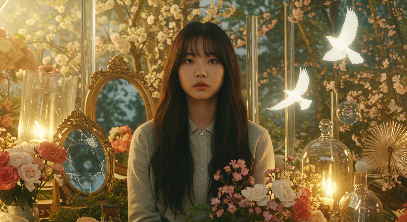 주인공이 개인 성장과 치유를 상징하는 소품들로 둘러싸인 초현실적 영화적 배경