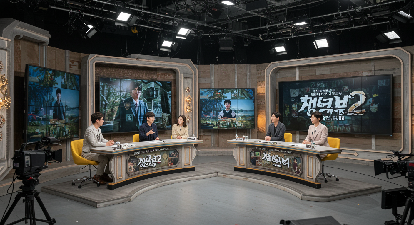 한국 TV 스튜디오에서 미스터리 게임을 논의하는 진행자들