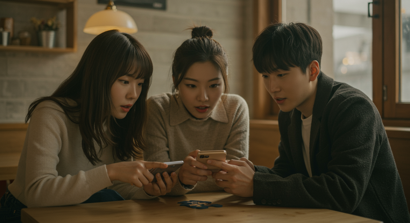 카페에서 스마트폰으로 바다거북스프 문제를 풀고 있는 젊은이들