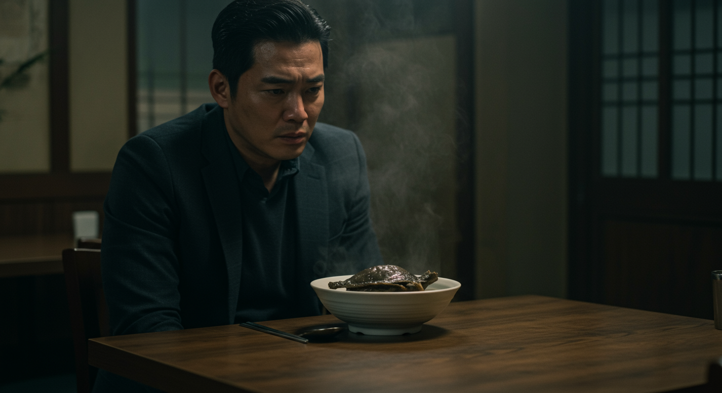 어두운 레스토랑에서 고민에 빠진 남자와 앞에 놓인 수프