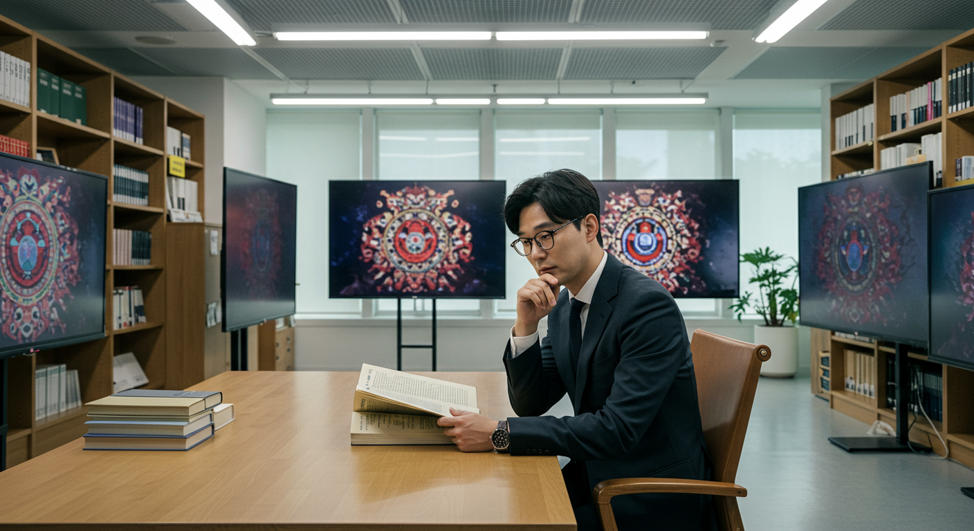 현대 도서관에서 신화 기호가 표시된 디지털 화면과 책에 둘러싸인 교수