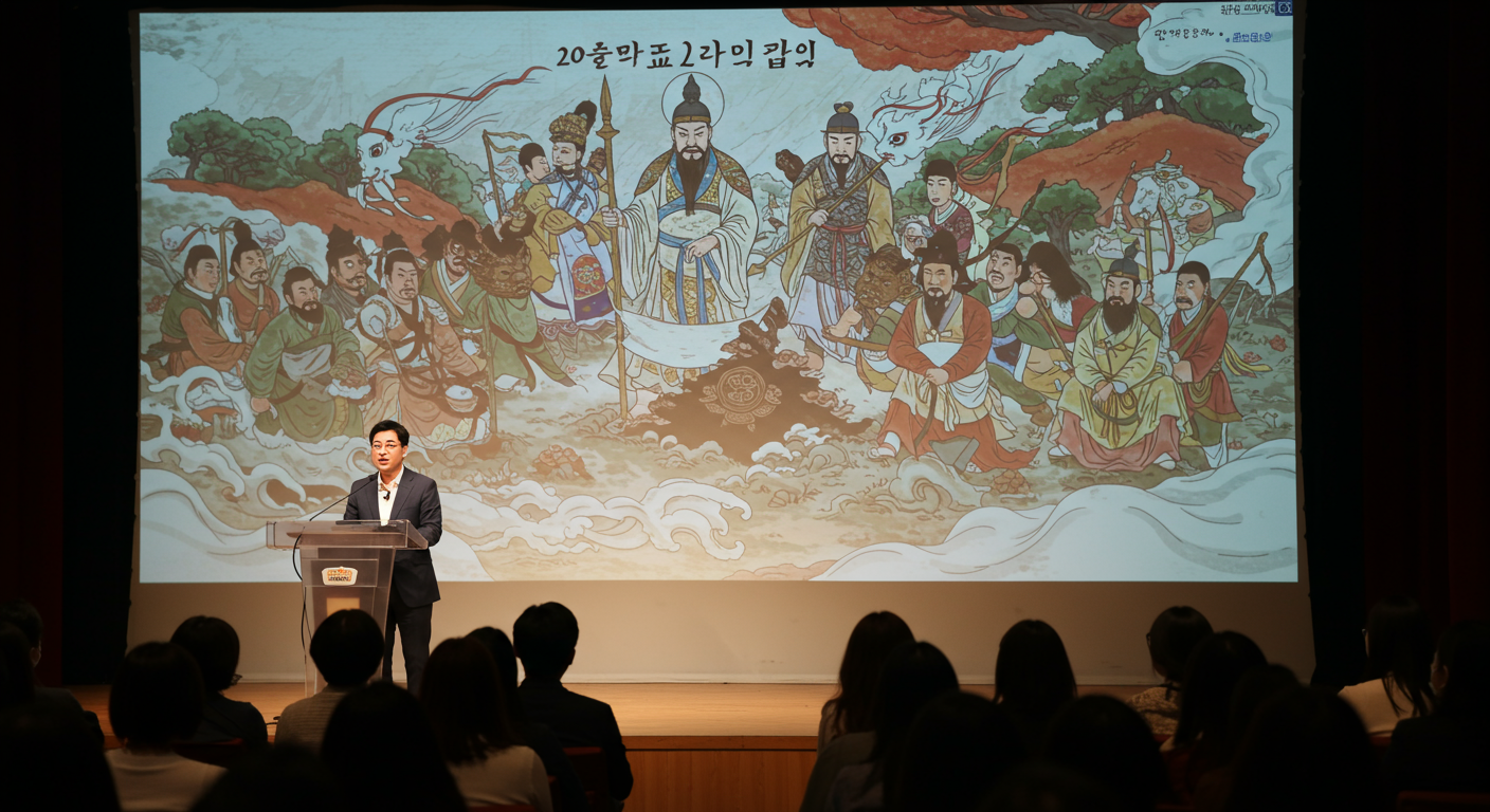 신화 서사를 설명하는 세미나에서 발표 중인 한국 학자와 관객