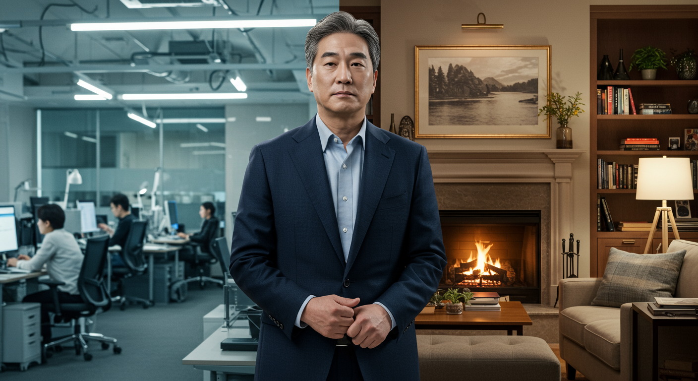 양복을 입은 중년 남성이 직장과 가정 사이에서 고민에 빠진 모습