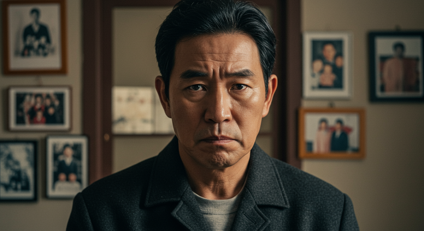 가족 사진들로 둘러싸여 있으면서도 엄격한 표정을 지닌 중년 남성의 초상화