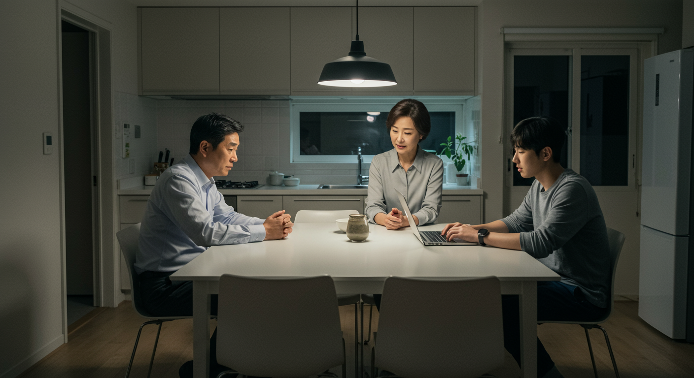 식탁에 모인 현대 한국 가족이 서로 다른 생각을 하며 대화하는 장면