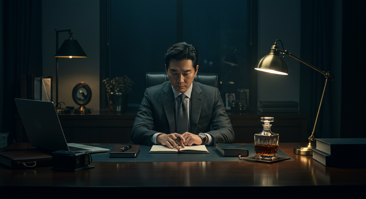 고급 물건들이 놓인 책상 앞에서 홀로 앉아 있는 사업가가 자신의 삶을 돌아보는 장면