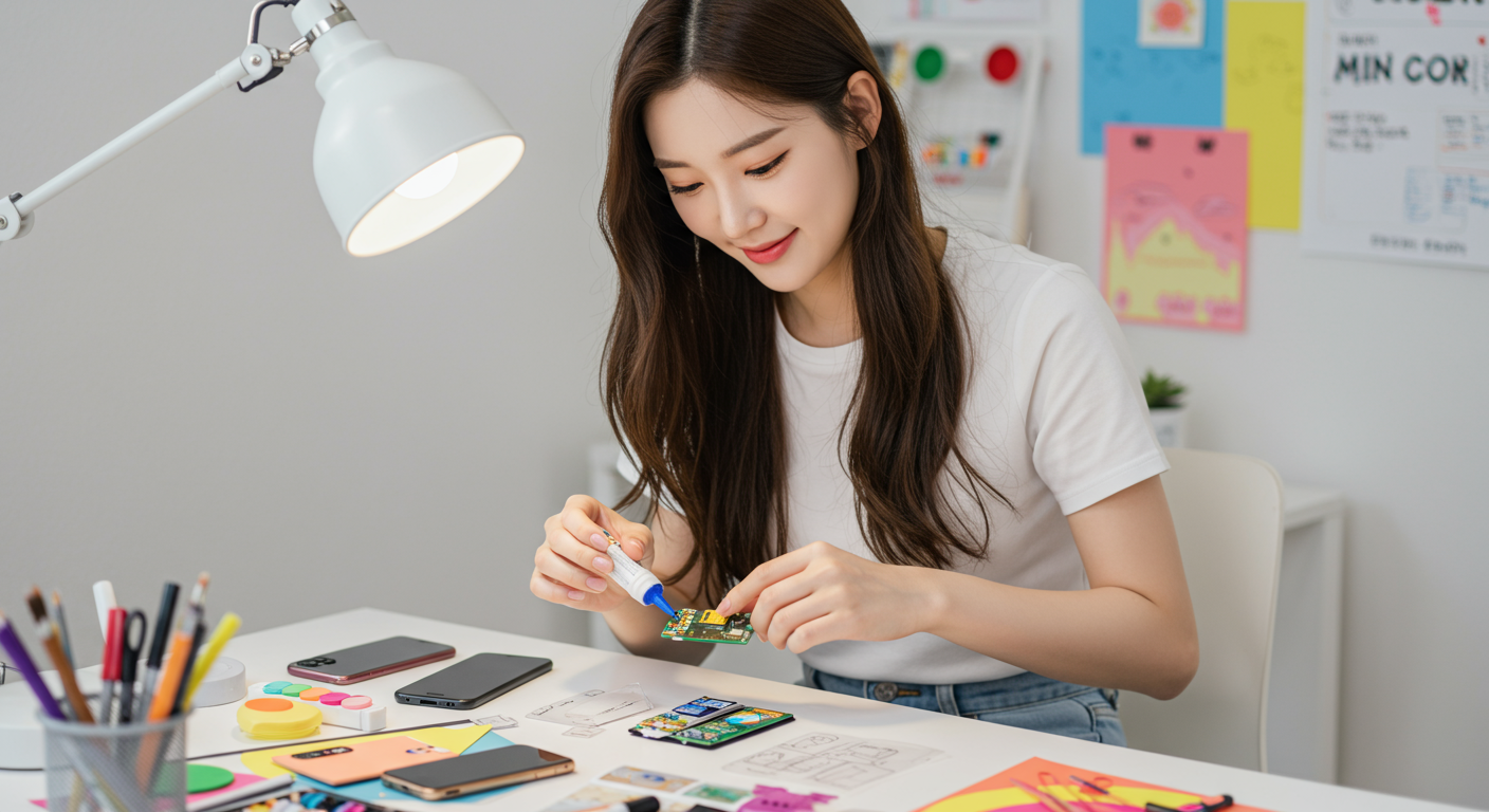 젊은 여성이 DIY 도안을 활용해 미니 폰을 만드는 장면