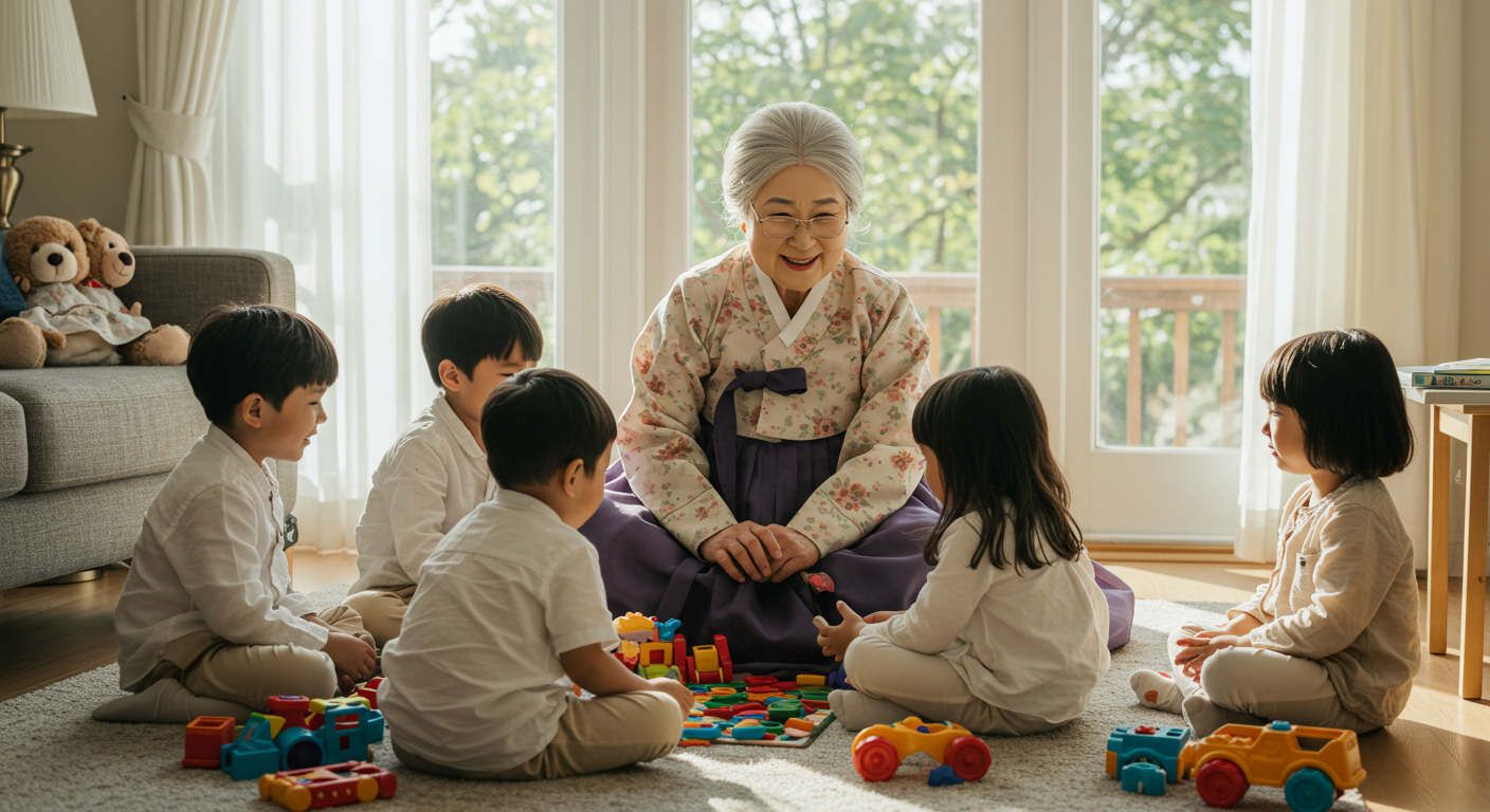 아이들을 위해 할머니로 변장한 아빠가 집에서 자녀들과 따뜻하게 교류하는 장면