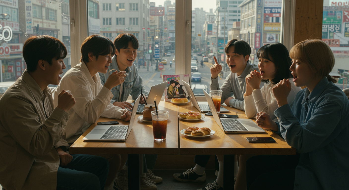 분주한 카페에서 요네즈 켄시 신곡에 대해 토론하는 한국 학생들