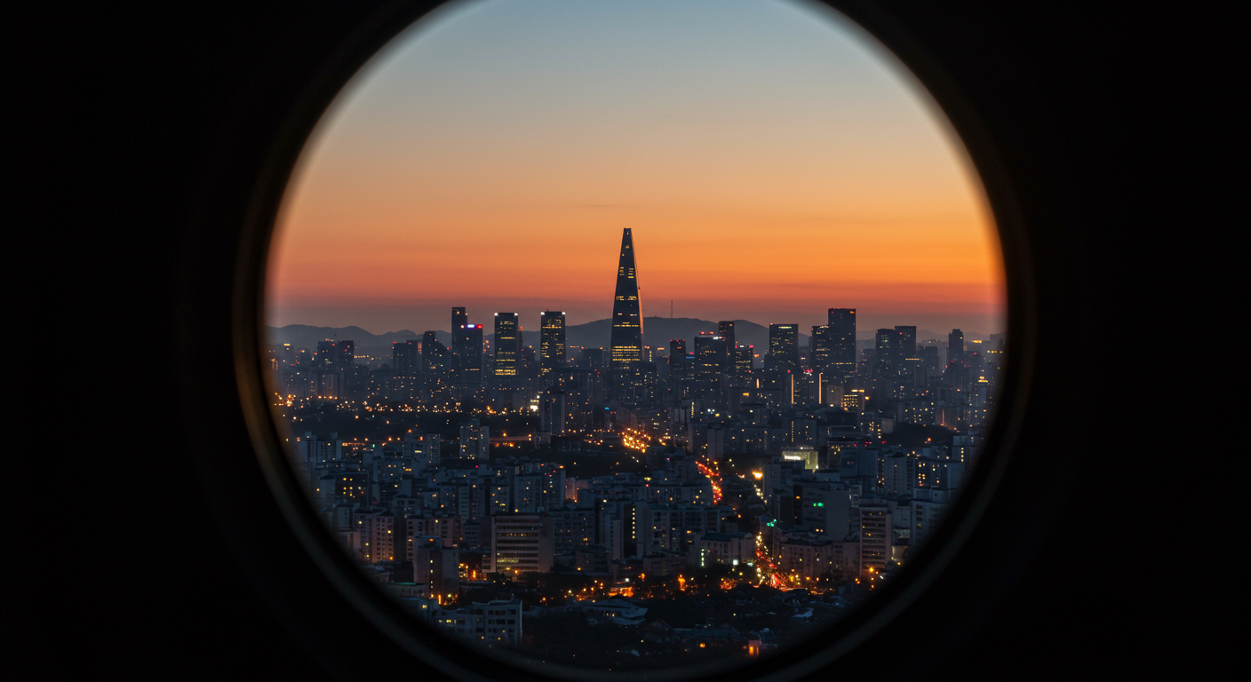 서울 도심 야경 위로 감정적 종결을 상징하는 시네마틱 렌즈 이펙트