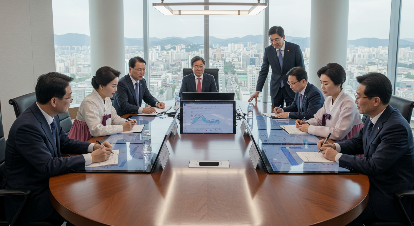 한국 및 국제 비즈니스 리더들이 원탁에서 디지털 프레젠테이션과 함께 경제 정책을 논의하는 역동적인 장면