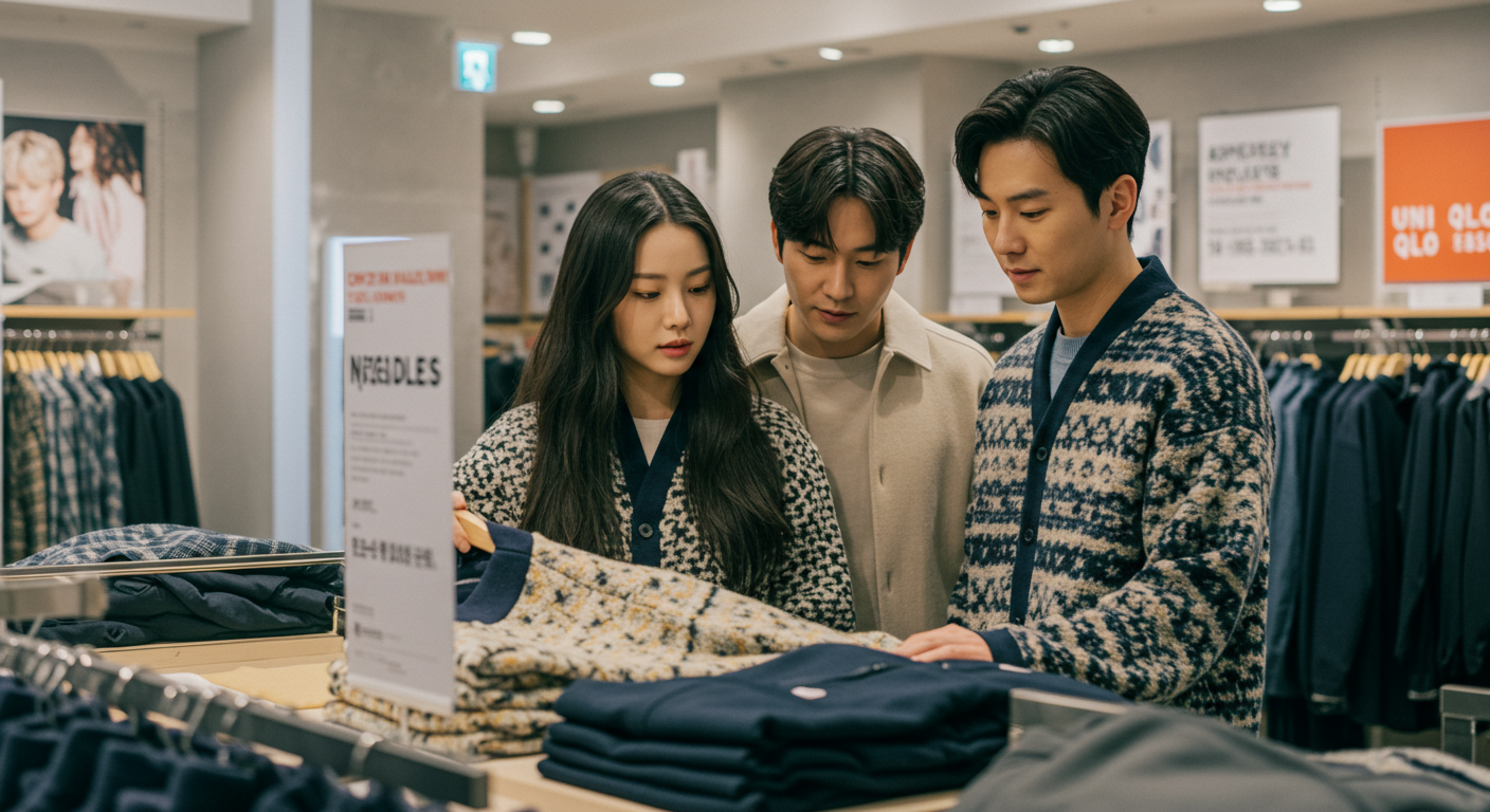 세련된 매장에서 한국 커플이 유니클로 x 니들스 플리스 가디건을 살펴보는 장면