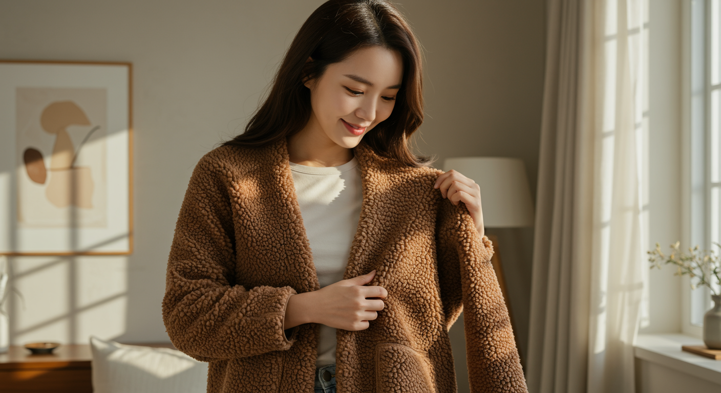 아늑한 집에서 유니클로 x 니들스 플리스 가디건의 질감을 느껴보는 여성