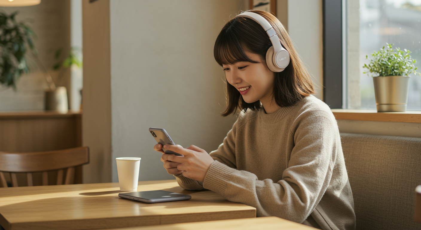 카페에서 헤드폰을 쓰고 스마트폰으로 YMusic 앱을 사용하는 젊은이