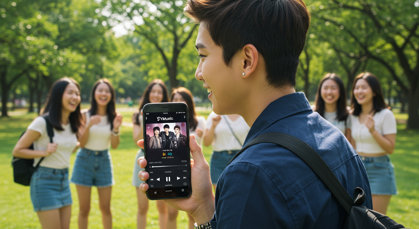 공원에서 친구들과 함께 안드로이드 폰으로 YMusic 앱을 보여주는 모습