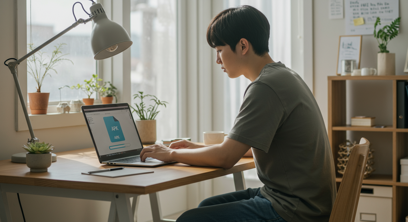 현대적인 홈 오피스에서 노트북으로 APK 파일을 다운로드하는 장면