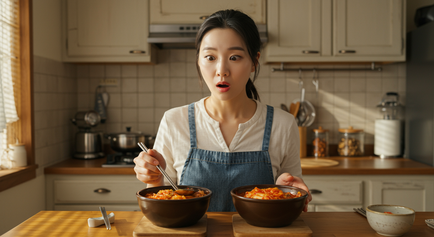 주방에서 식당의 김치찌개와 직접 만든 김치찌개를 비교하는 여성의 호기심 어린 표정