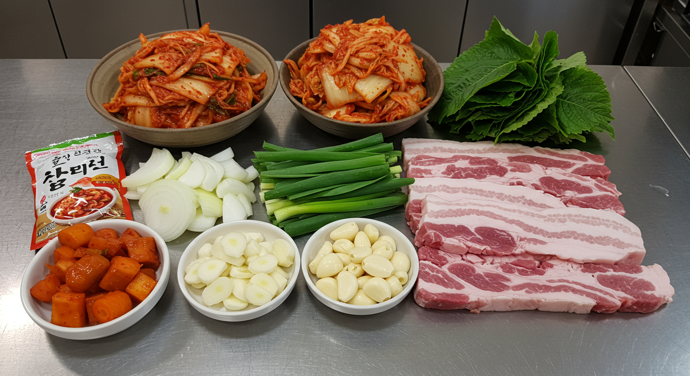 잘 익은 김치와 신선한 돼지고기 등 김치찌개 재료들이 주방에 펼쳐진 모습