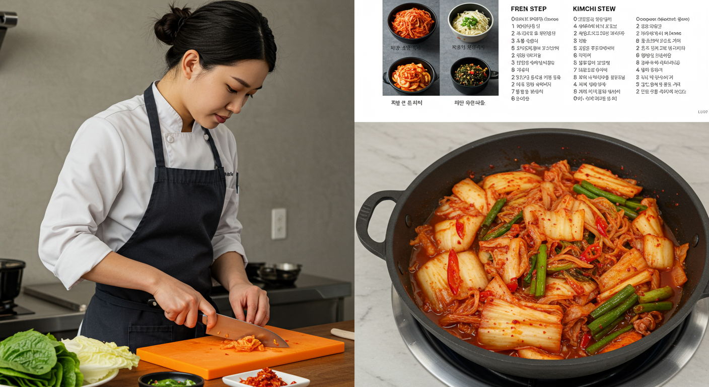 젊은 셰프가 단계별로 정성을 다해 김치찌개를 준비하는 장면