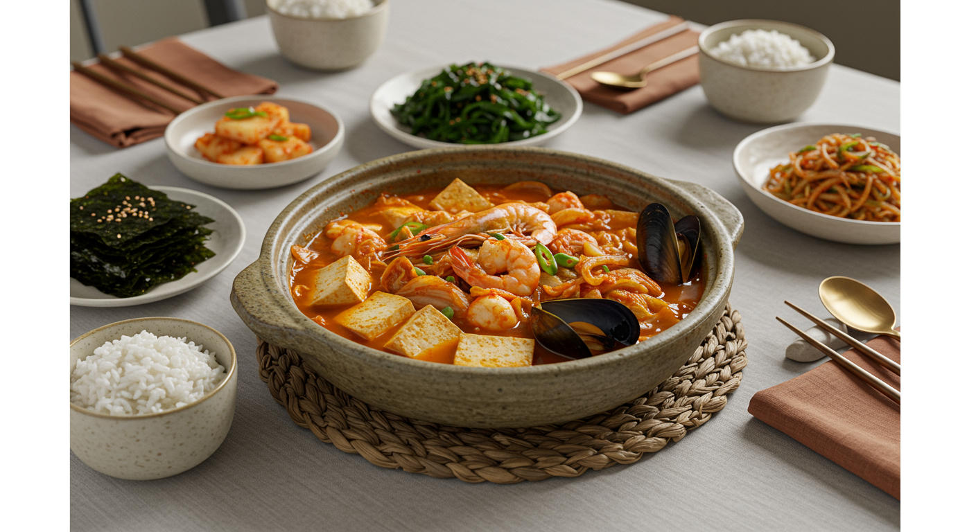 두부와 해산물 등 다양한 재료로 풍성하게 꾸며진 김치찌개의 창의적인 변형 요리