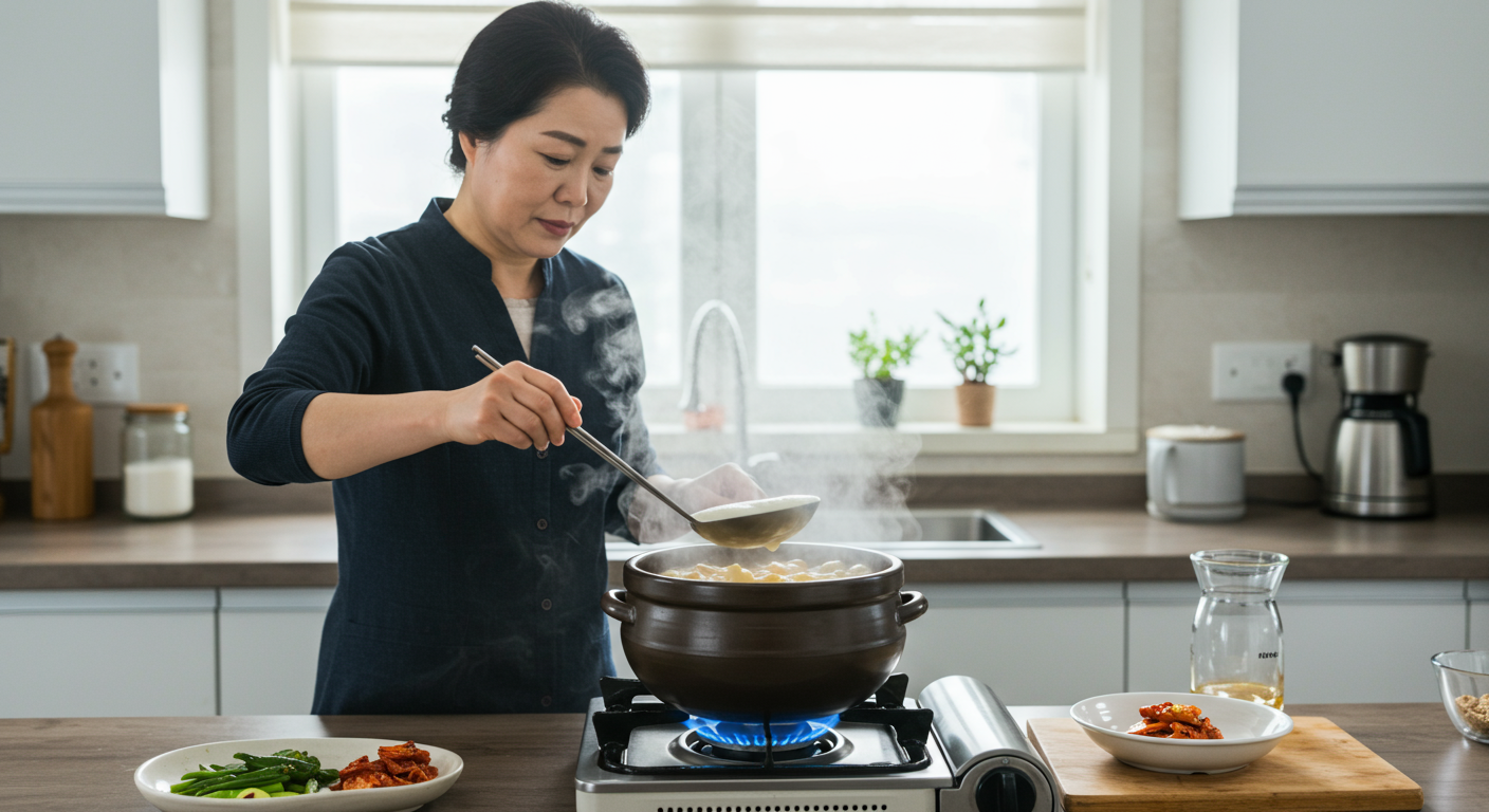 현대적인 주방에서 청국장 찌개를 끓이며 불순물을 제거하고 강한 불로 조리하는 모습