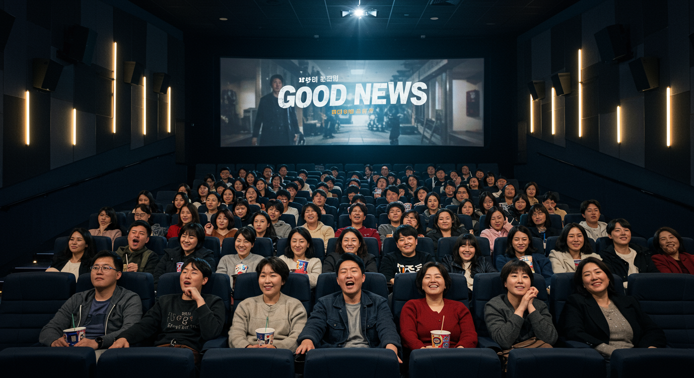 한국 관객들이 영화관에서 '굿뉴스'를 보며 흥미롭게 감상하는 모습