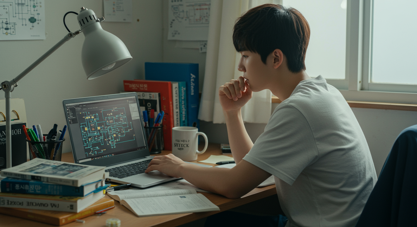 디지털 회로 공부에 몰두하는 학생의 모습
