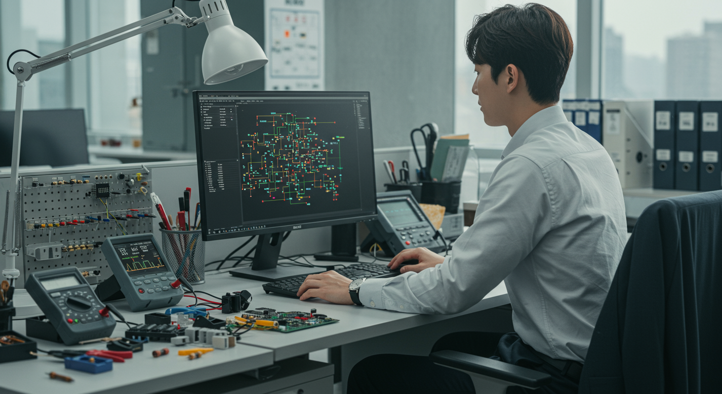 컴퓨터를 통해 디지털 논리회로 시뮬레이션을 하는 직장인의 모습