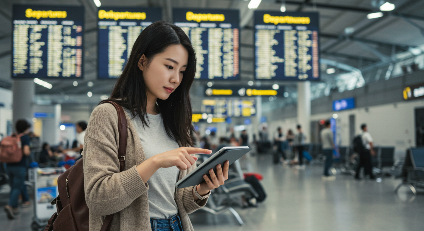 공항 라운지에서 태블릿으로 마일리지 차트를 비교하는 여행자