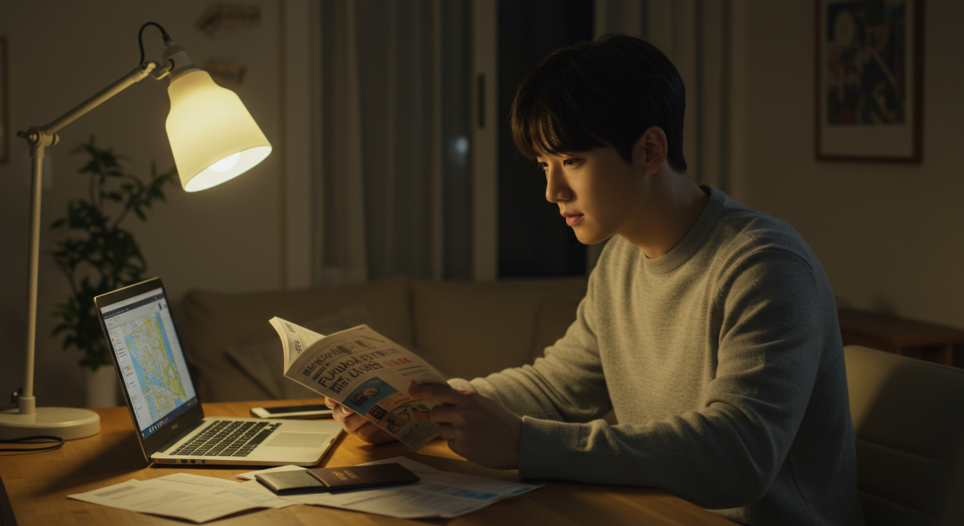 일본 후쿠오카 여행을 계획하는 현대적인 여행자의 모습