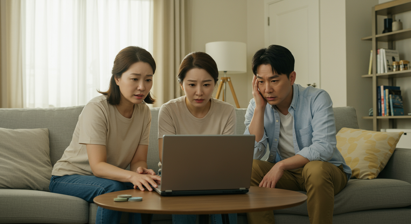 성수기에 높은 항공권 가격을 보고 실망하는 가족의 모습