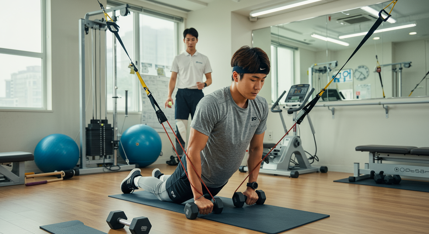 재활 센터에서 저항 밴드와 웨이트를 사용하여 물리 치료 중인 헌신적인 운동선수의 모습