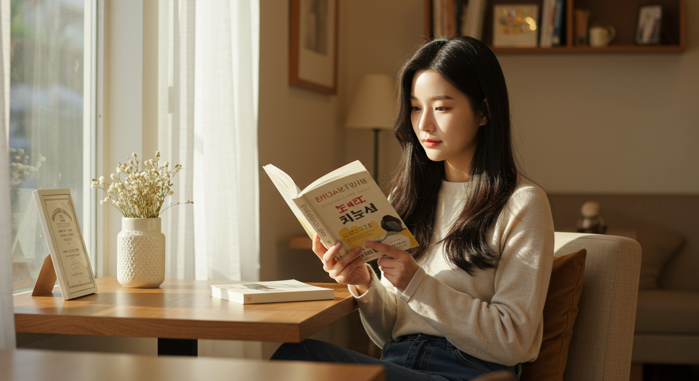 현대적인 독자가 카페에서 책 '절창'을 읽는 따뜻한 분위기