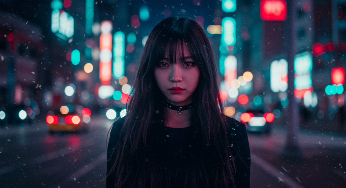 신비로운 능력을 가진 젊은 여성이 도심 속에 서 있는 모습