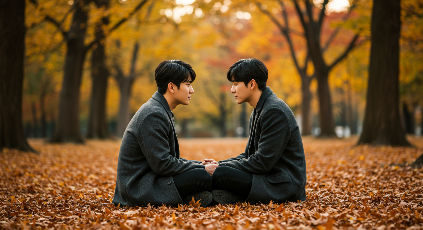 평화로운 공원에서 강렬한 눈빛을 주고받는 두 사람의 모습