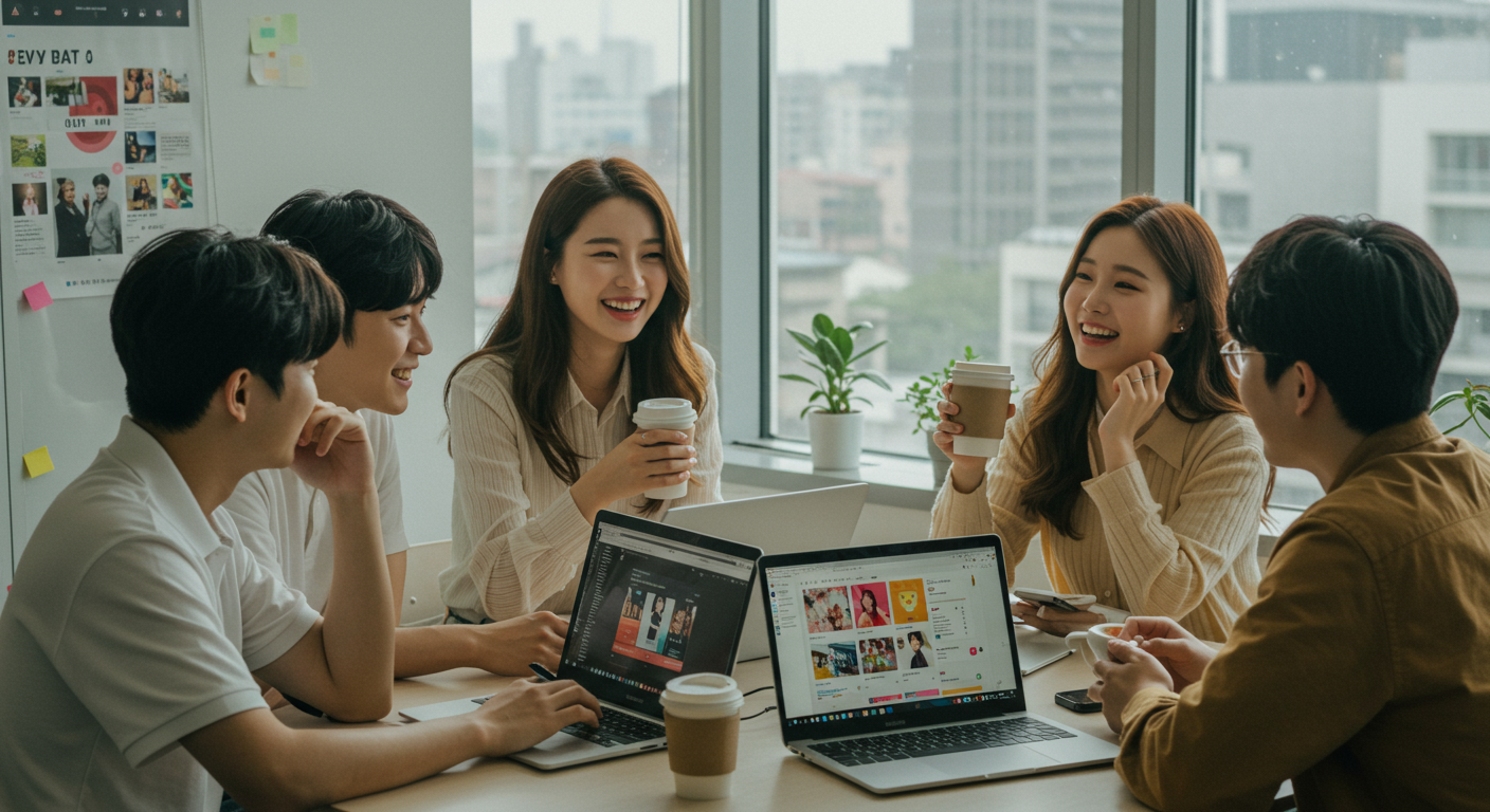 다양한 맞춤형 카카오톡 테마가 표시된 노트북을 앞에 두고 커피를 마시며 대화하는 젊은 전문가들의 모습