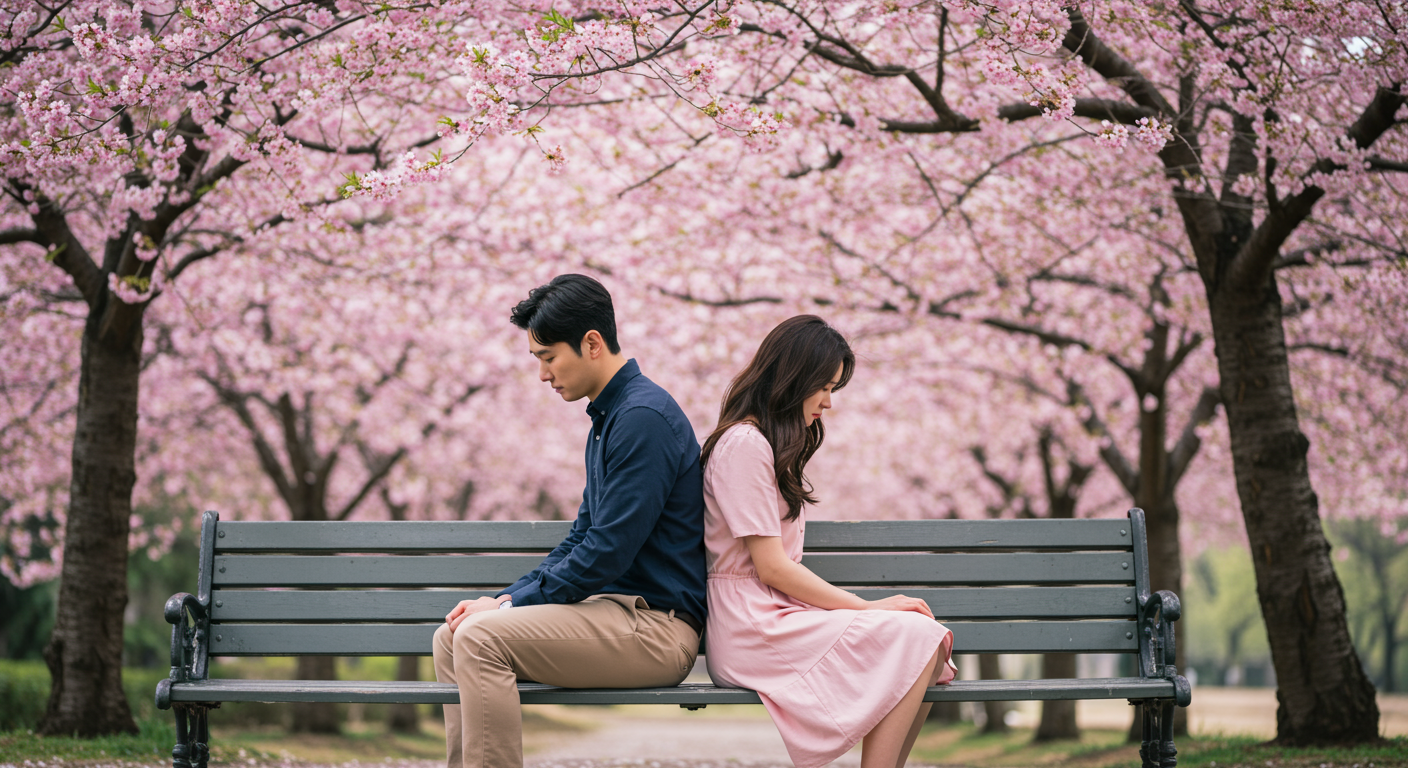 벚꽃 아래 벤치에 떨어져 앉아 있는 커플의 애틋함과 슬픔