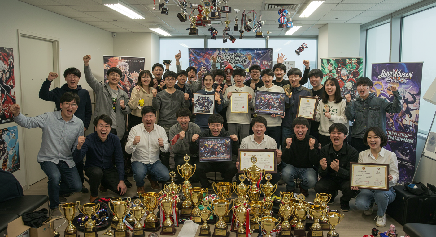사무실에서 수상 트로피와 인증서를 들고 축하하는 개발자들